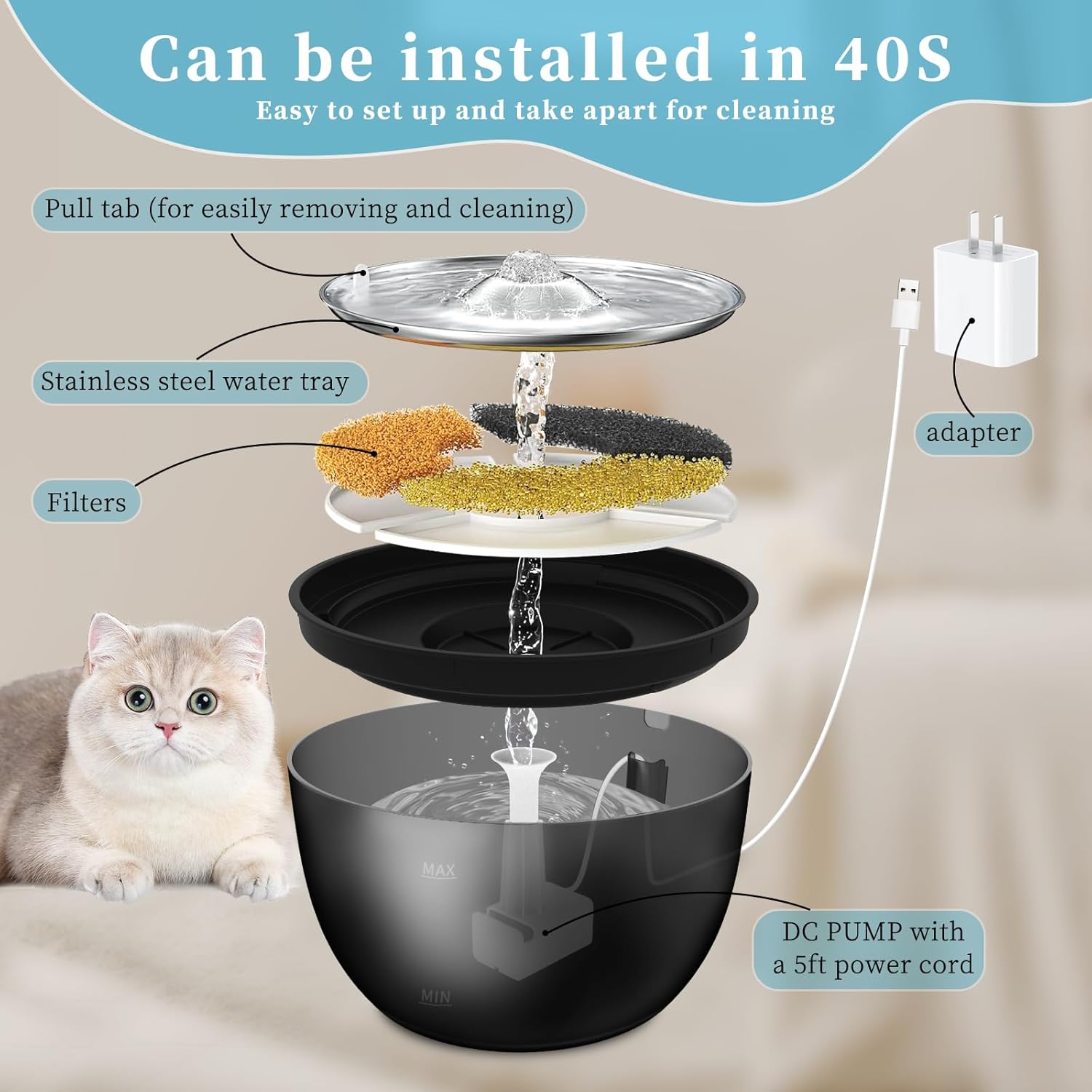 3L Stainless Steel Cat Water Fountain